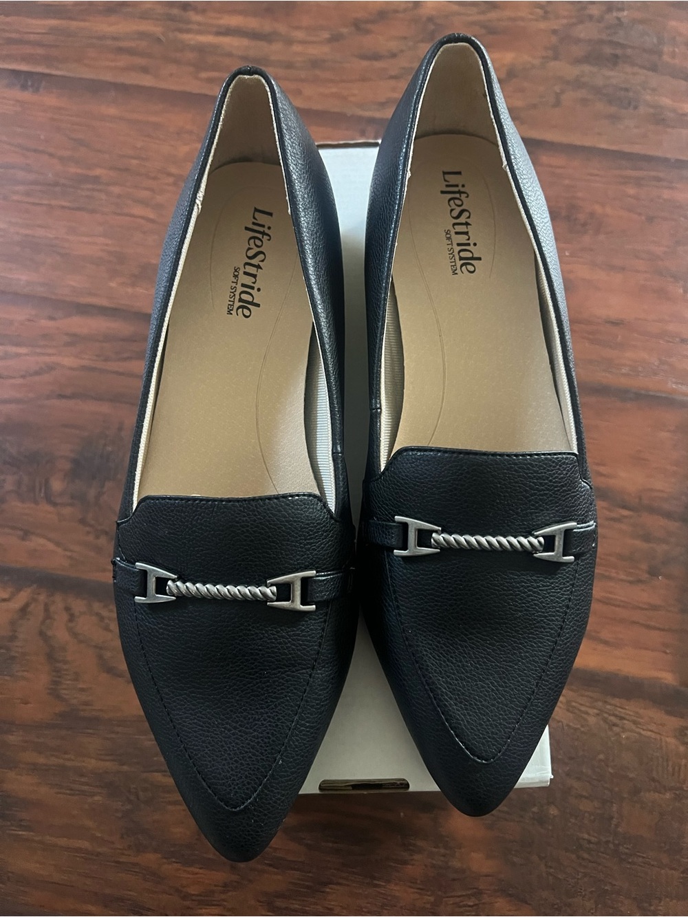 Life Stride Black Pointed Toe Loafers with Silver Accent